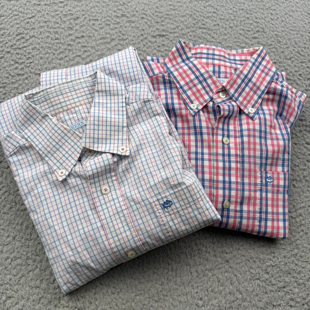 2 (TWO) Southern Tide Button Down Shirts Men Small Blue Pink Plaid Stretch L/S